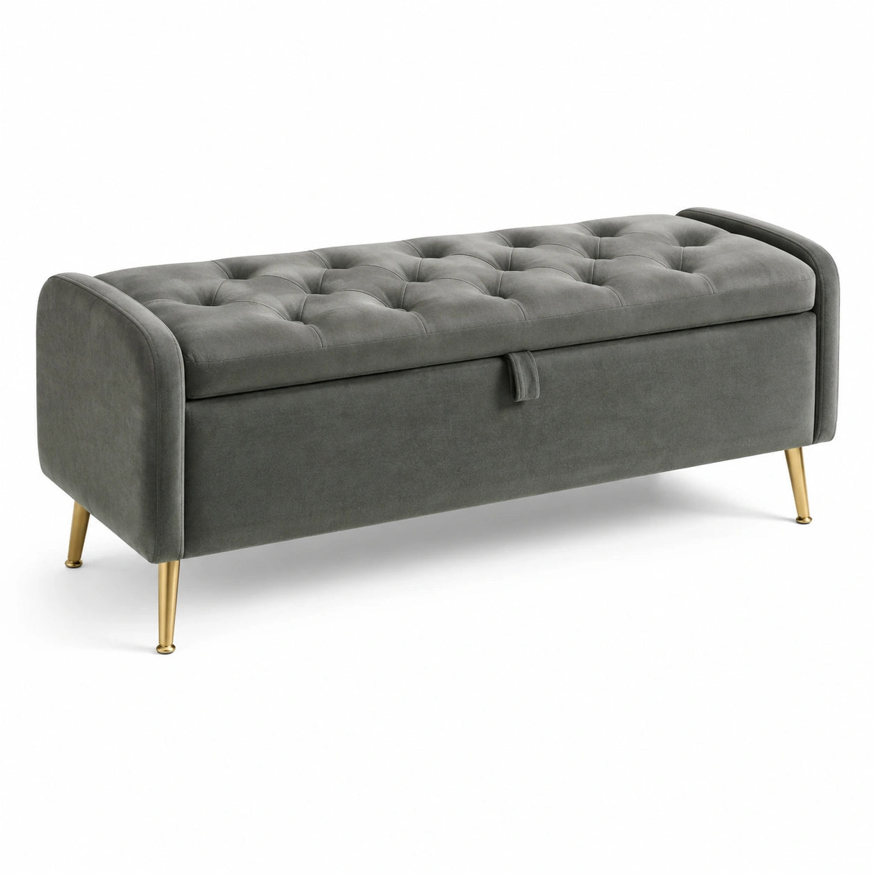 Banc de rangement en velours gris avec pieds métalliques