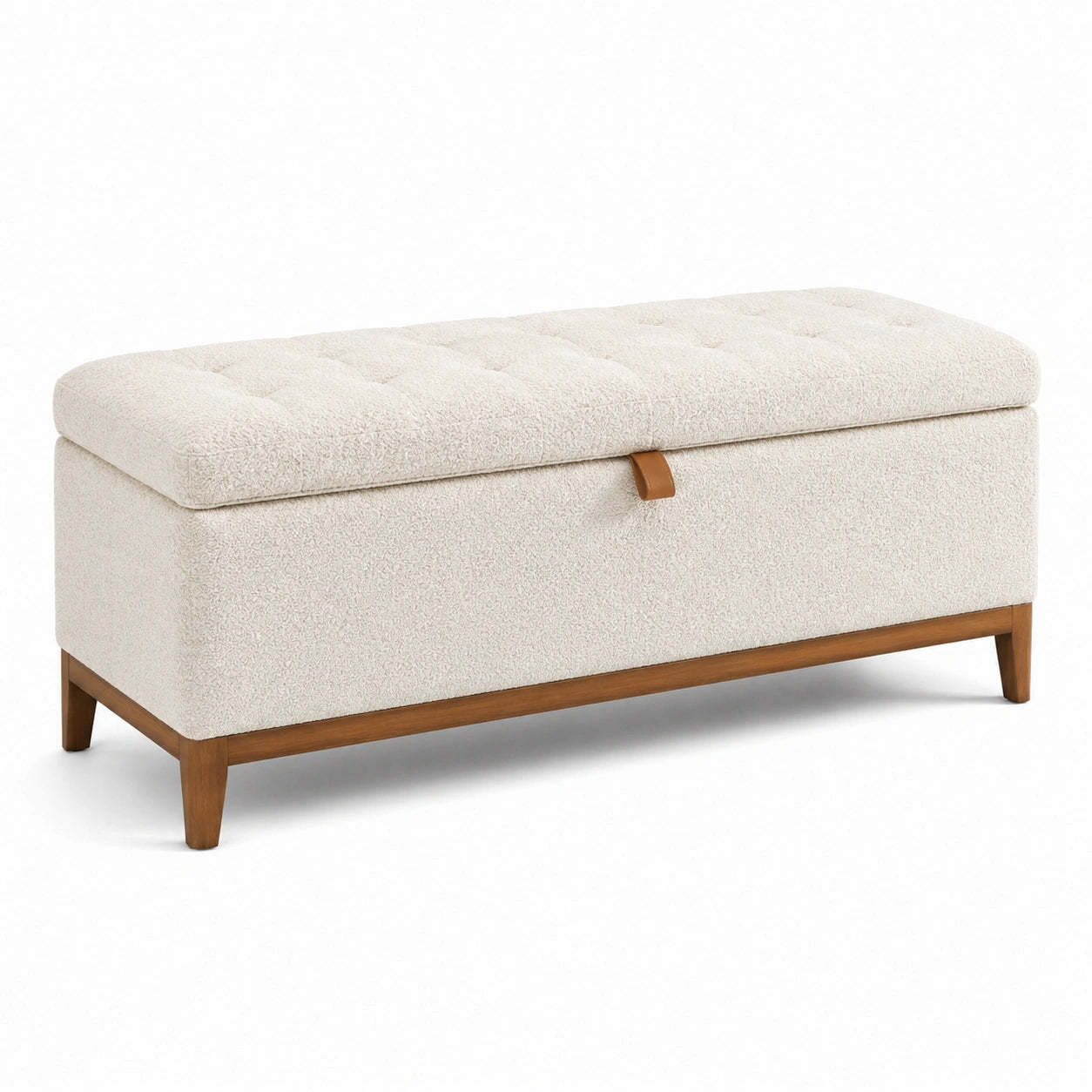 Banc de rangement en tissu bouclé avec pieds en bois 120x40x45 cm