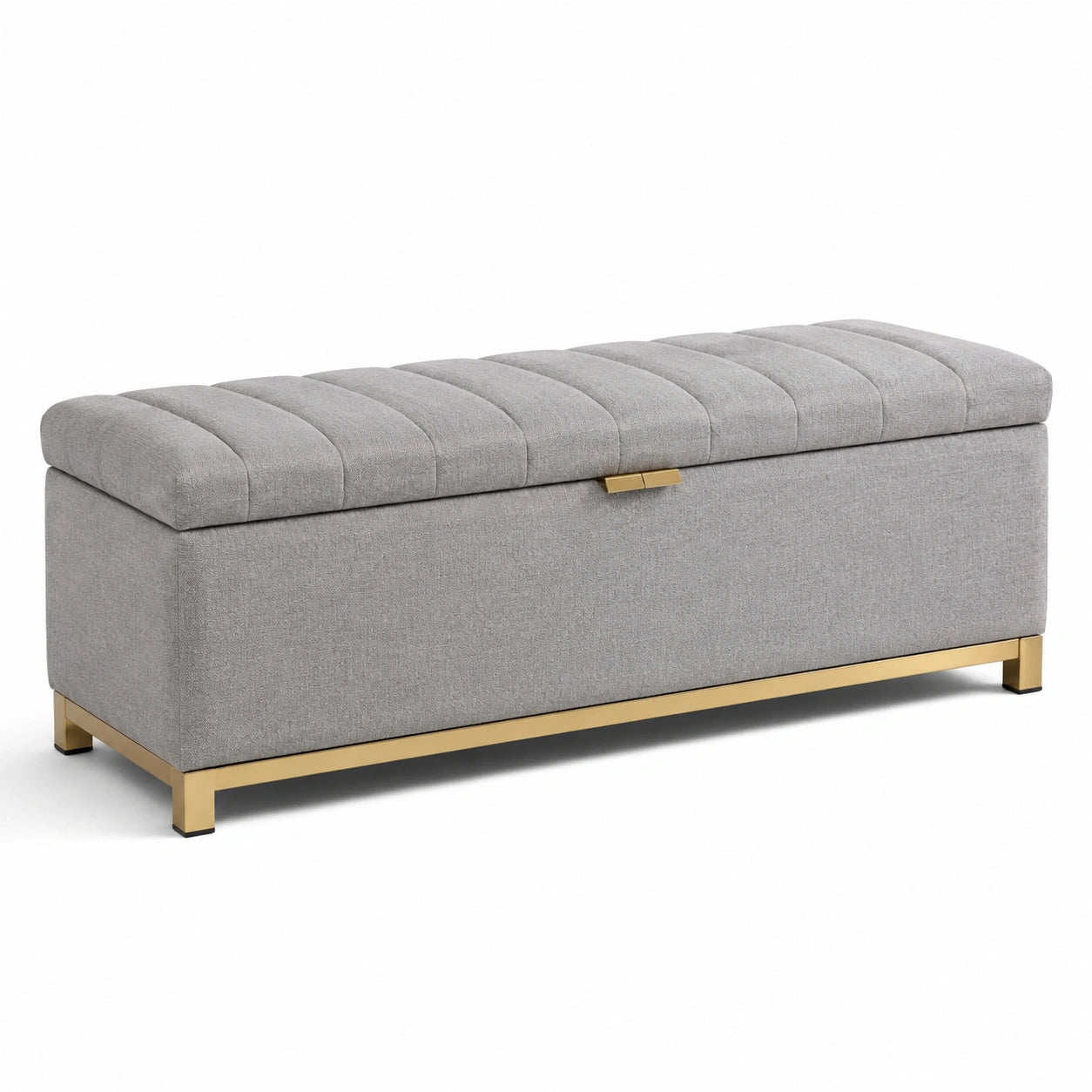 Banc de rangement en tissu polyester gris avec base en métal doré
