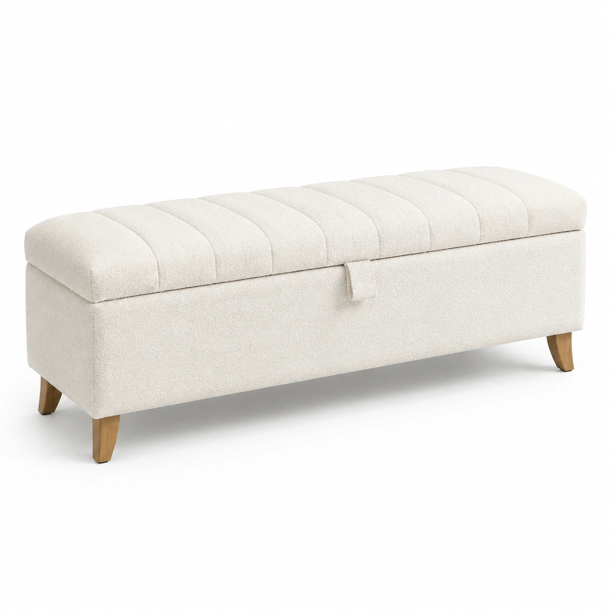 Banc de rangement en tissu bouclé beige avec pieds en bois