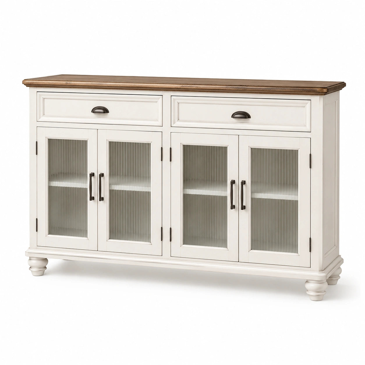 Buffet en bois blanc avec plateau en chêne et portes en verre