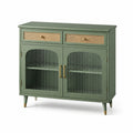 Buffet vert en bois avec portes en verre et tiroirs en rotin