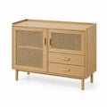 Buffet Rectangulaire en Bois et Rotin avec 2 Portes et 2 Tiroirs