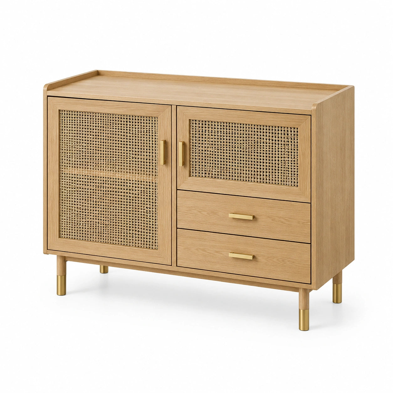 Buffet Rectangulaire en Bois et Rotin avec 2 Portes et 2 Tiroirs