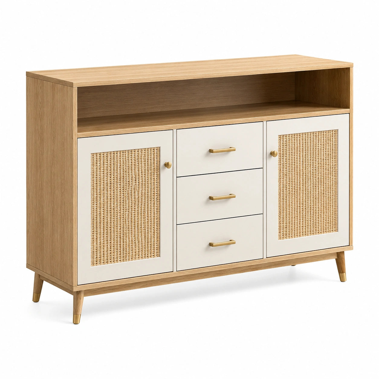 Buffet en bois et rotin avec poignées dorées 120x40x80 cm