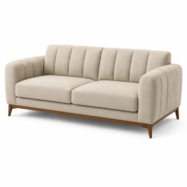 Canapé 3 places en tissu beige avec structure en bois