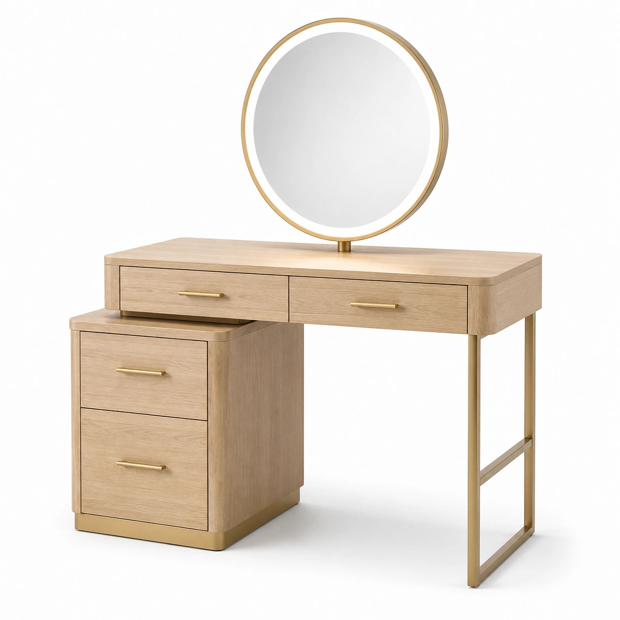 Coiffeuse en bois clair avec miroir rond et structure métallique dorée