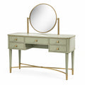Coiffeuse en bois et métal avec miroir rond et 5 tiroirs vert et doré