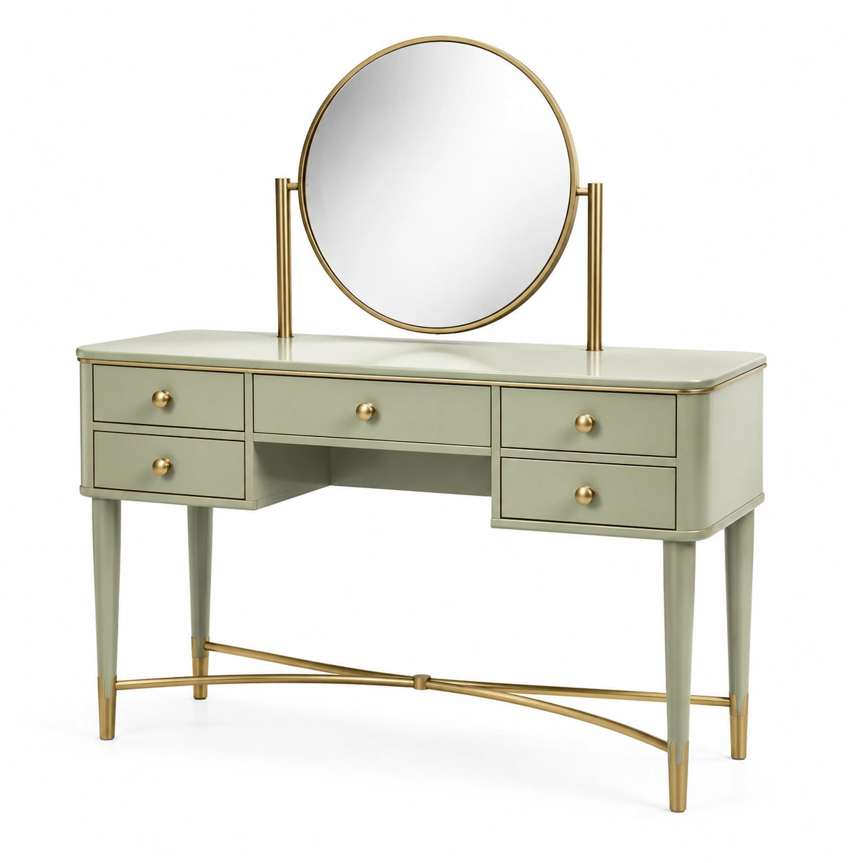 Coiffeuse en bois et métal avec miroir rond et 5 tiroirs vert et doré
