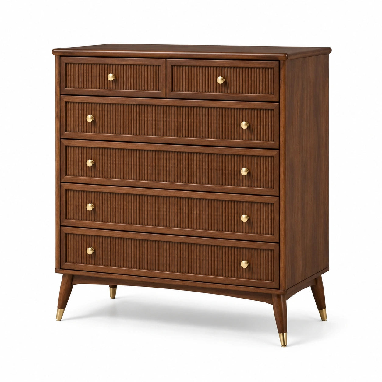 Commode en bois de noyer à 6 tiroirs avec poignées dorées