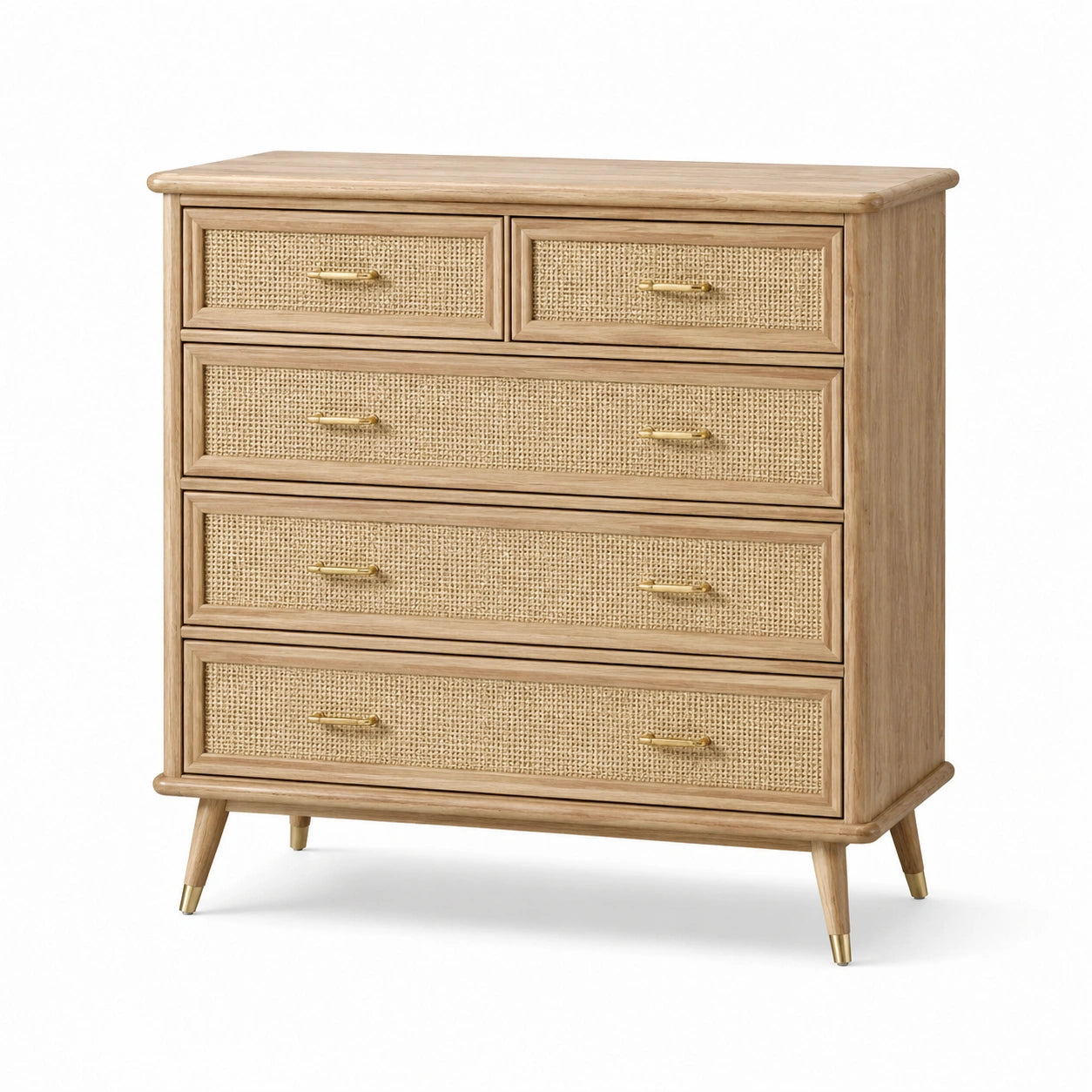 Commode en bois et rotin avec 5 tiroirs