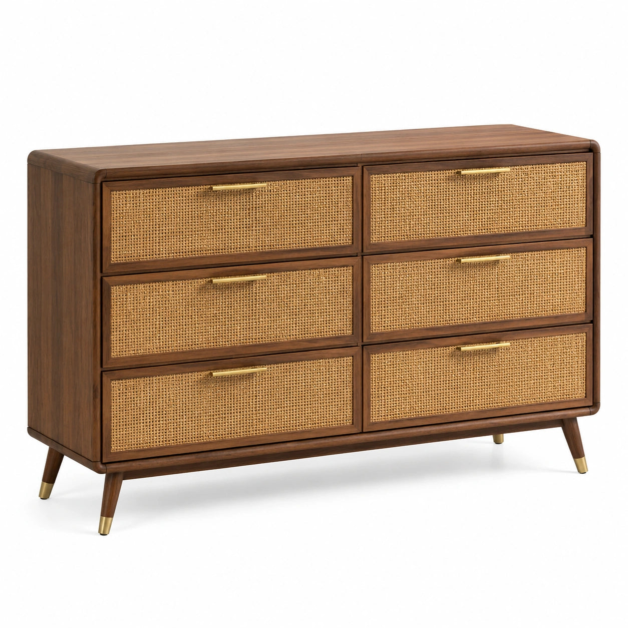Commode en bois et rotin avec 6 tiroirs brun
