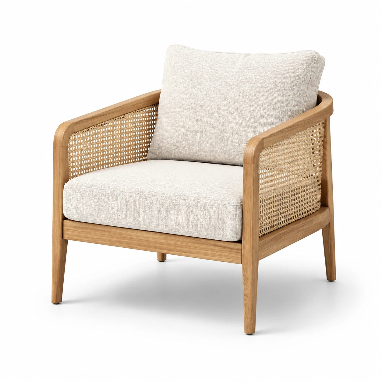 Fauteuil en bois et rotin avec tissu coton beige