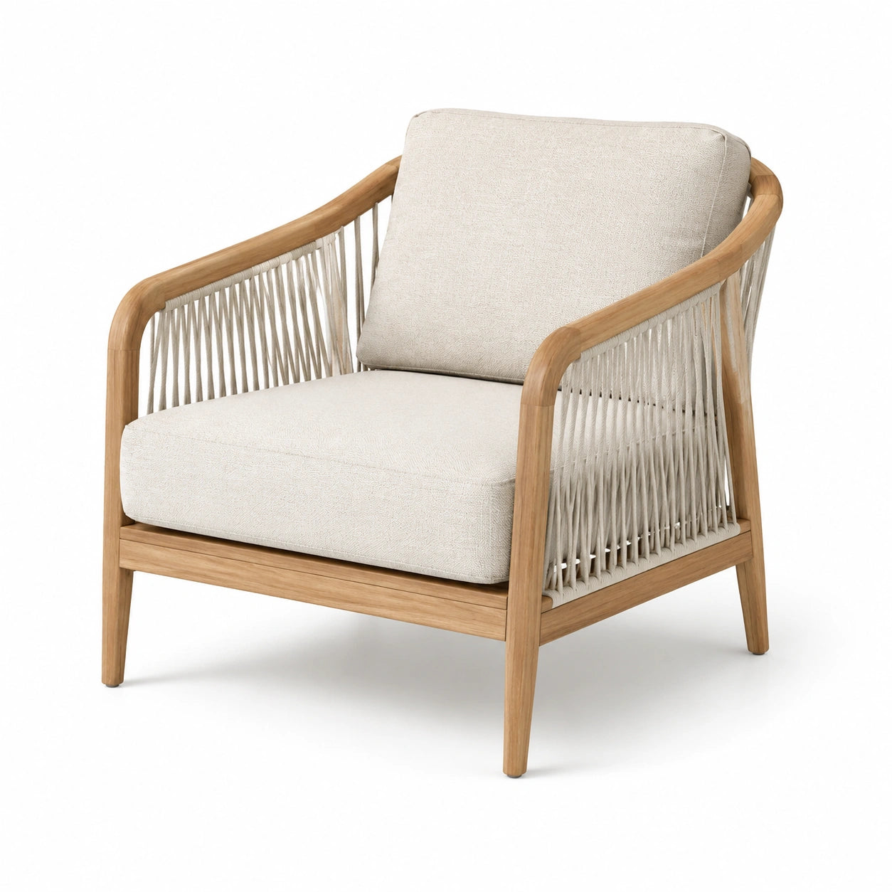 Fauteuil en chêne et corde avec coussins amovibles