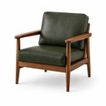 Fauteuil en cuir synthétique vert avec structure en bois d'acajou