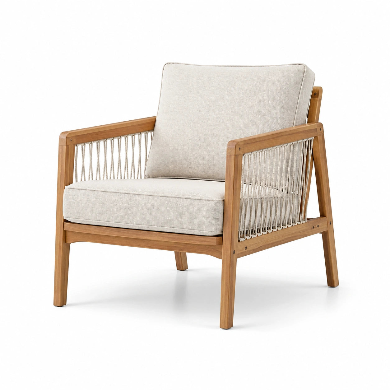Fauteuil en bois de teck avec coussins en polyester beige