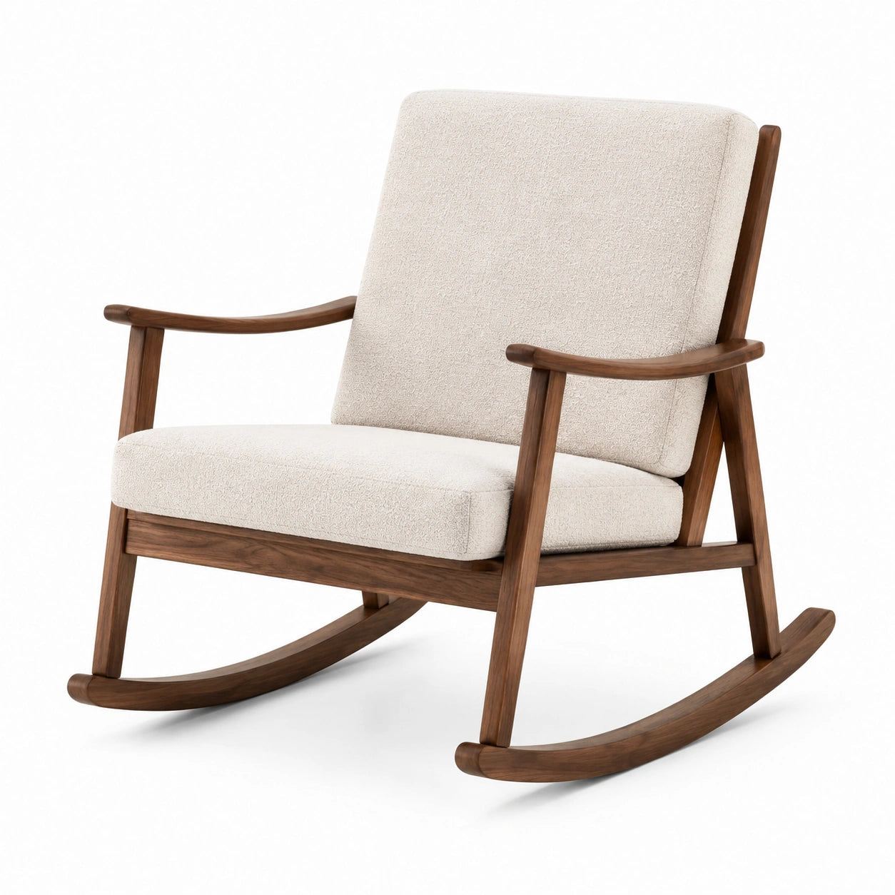 Fauteuil à bascule en bois noyer avec coussins en polyester beige