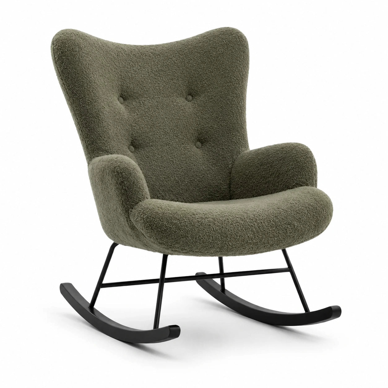 Fauteuil à bascule en tissu bouclé vert avec pieds en métal noir