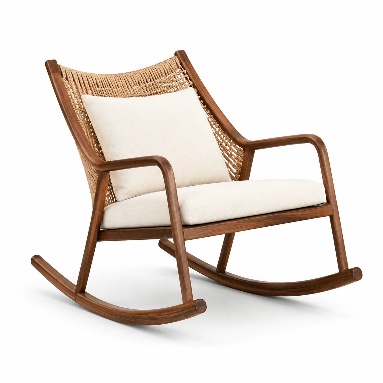Fauteuil à bascule en bois avec coussins crème