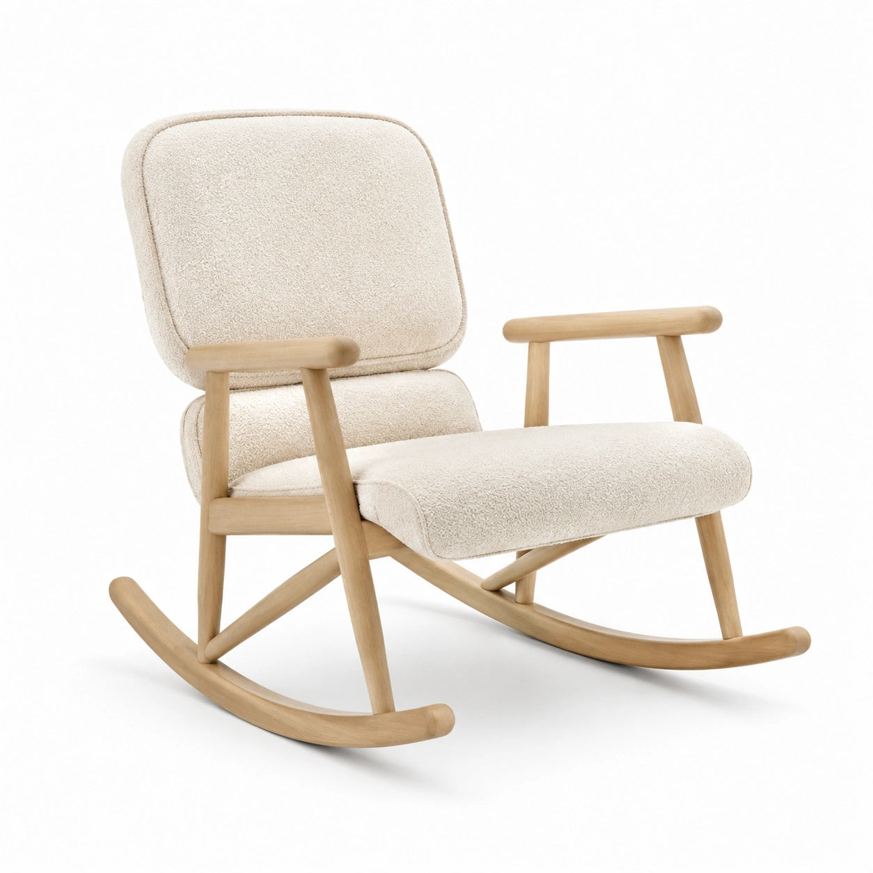 Fauteuil à bascule en bois de chêne et tissu bouclé beige