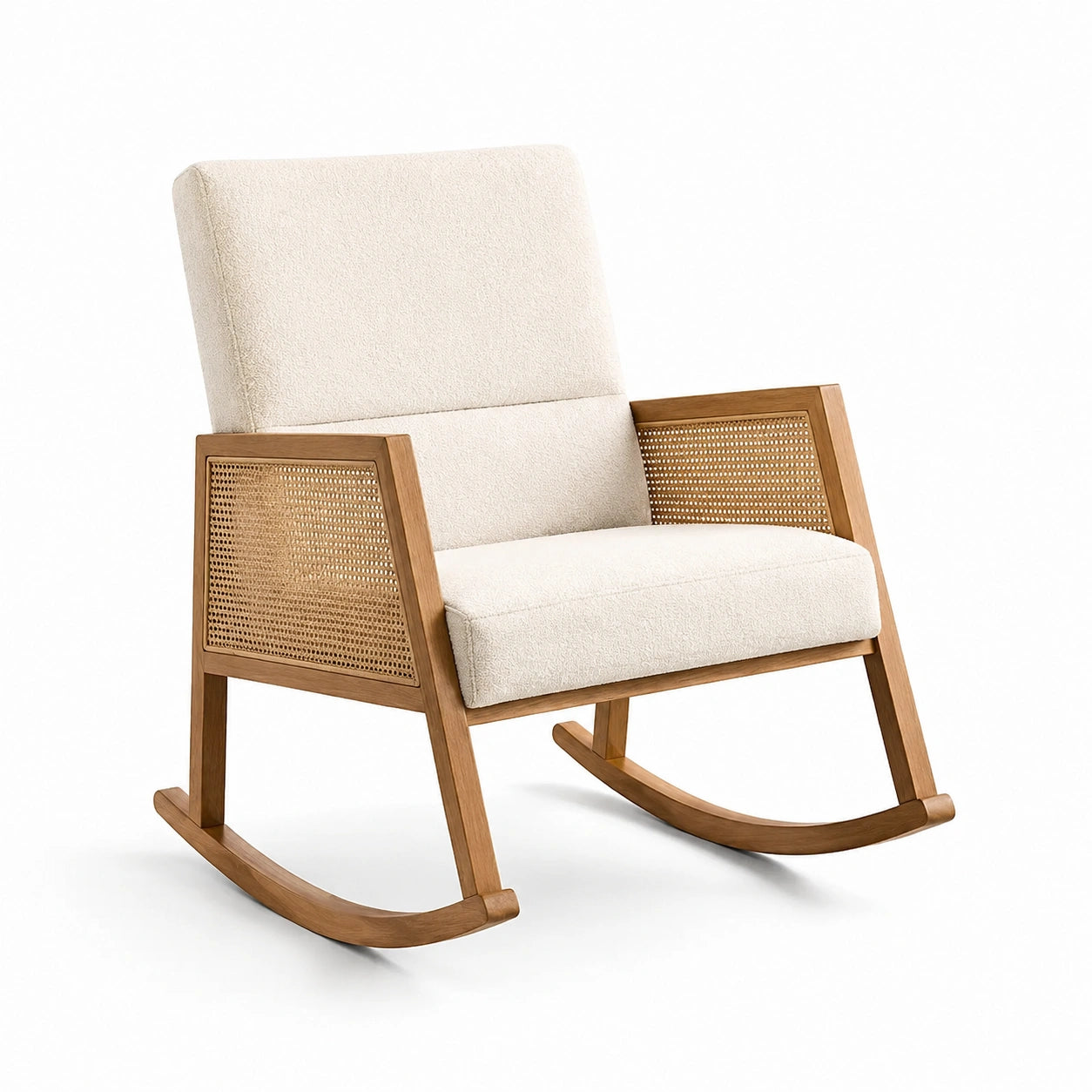Fauteuil à bascule en bois massif et tissu polyester beige